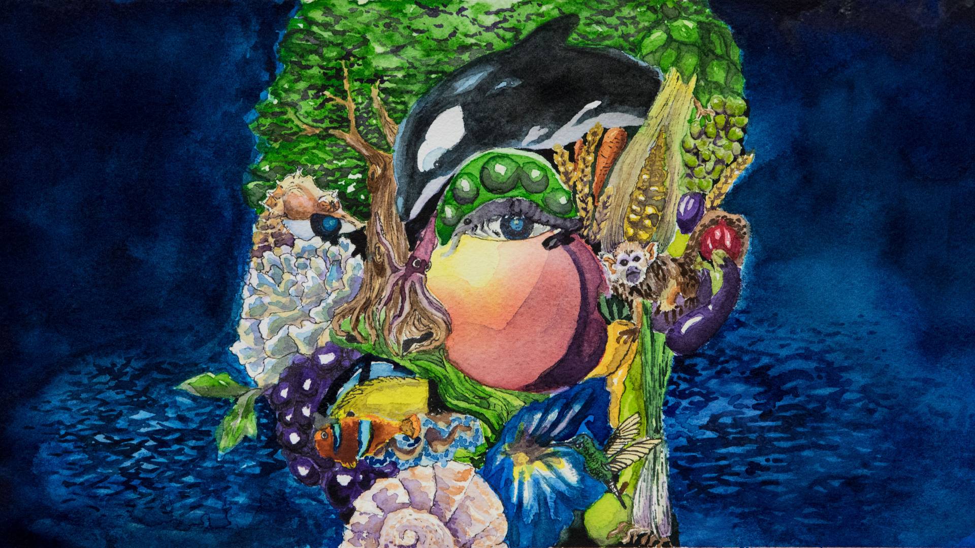 Illustration of face composed of fruits and vegetables