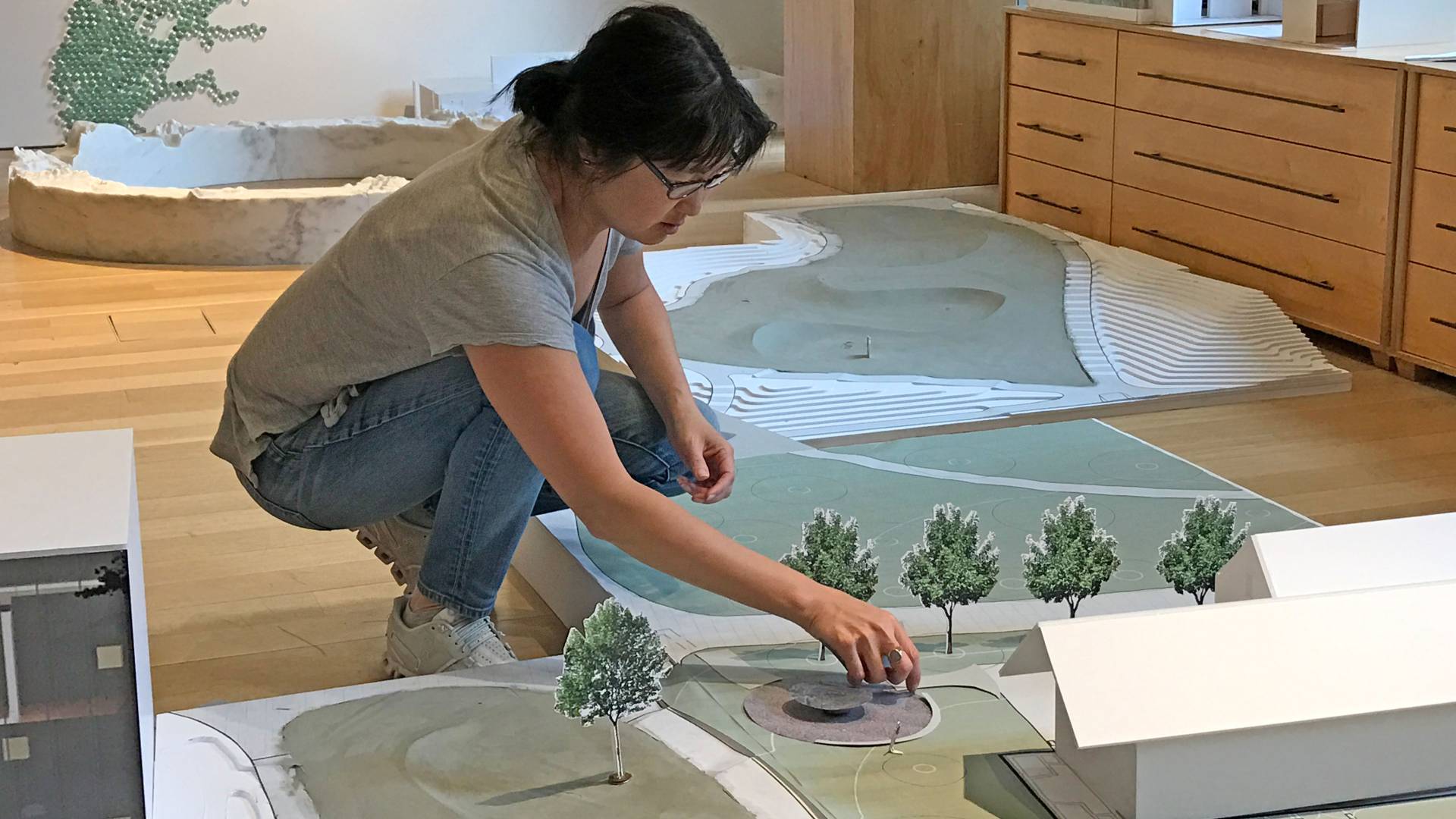 Maya Lin working on model of her outdoor installation