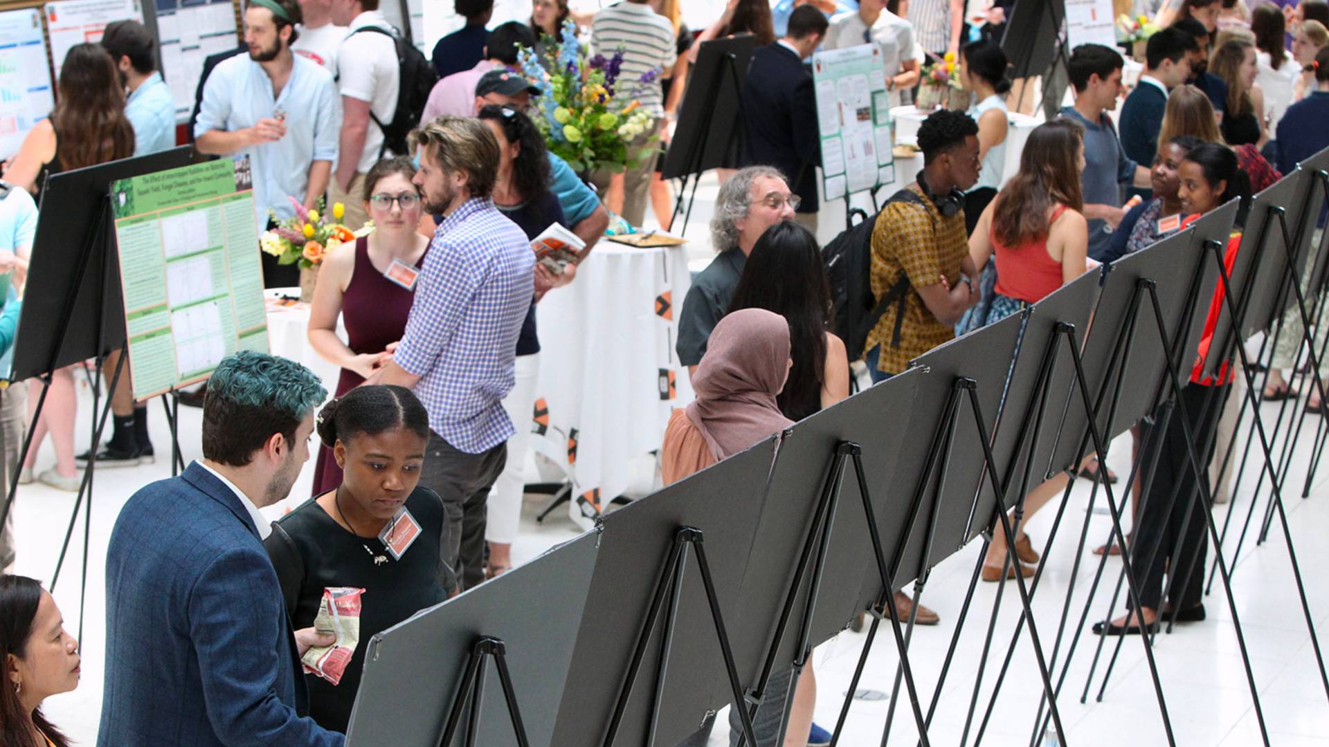 Crowd gathered around posters at Discovery Day 2018