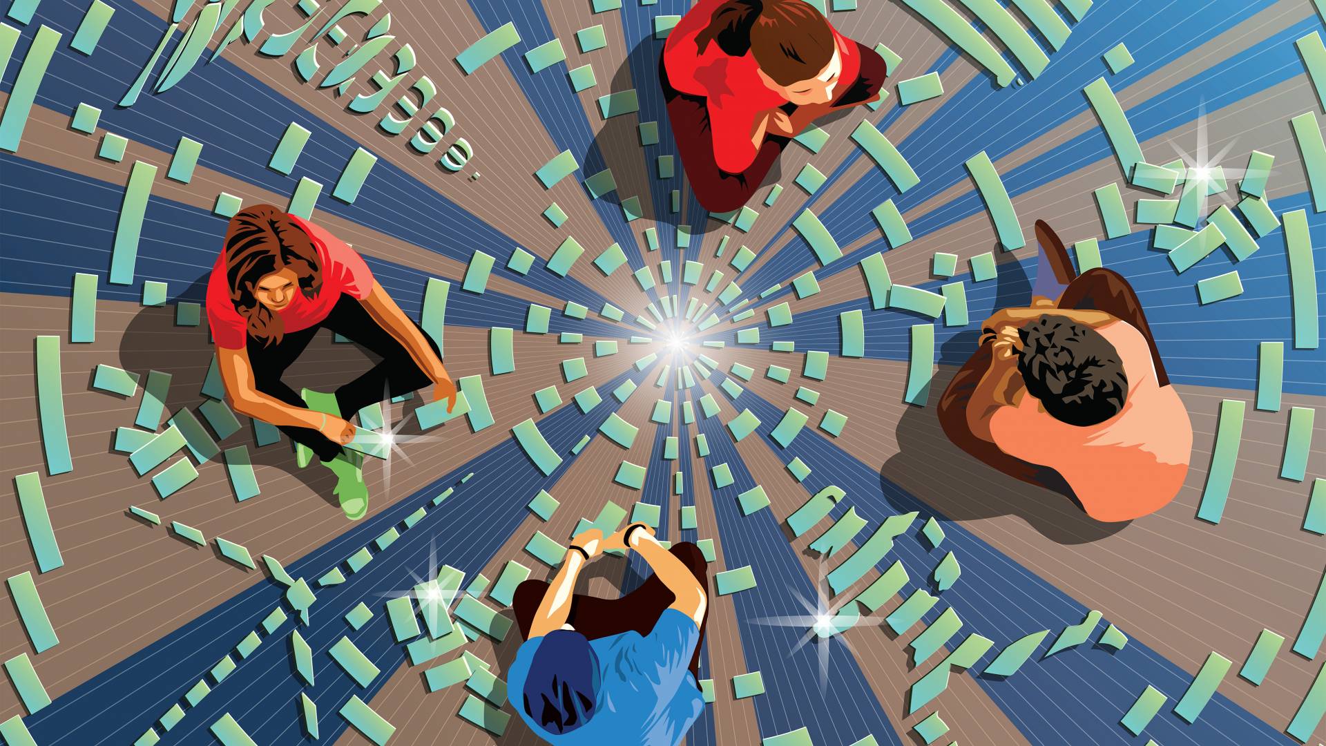 Illustration of 4 people sitting on a floor surrounded by geometric puzzle pieces