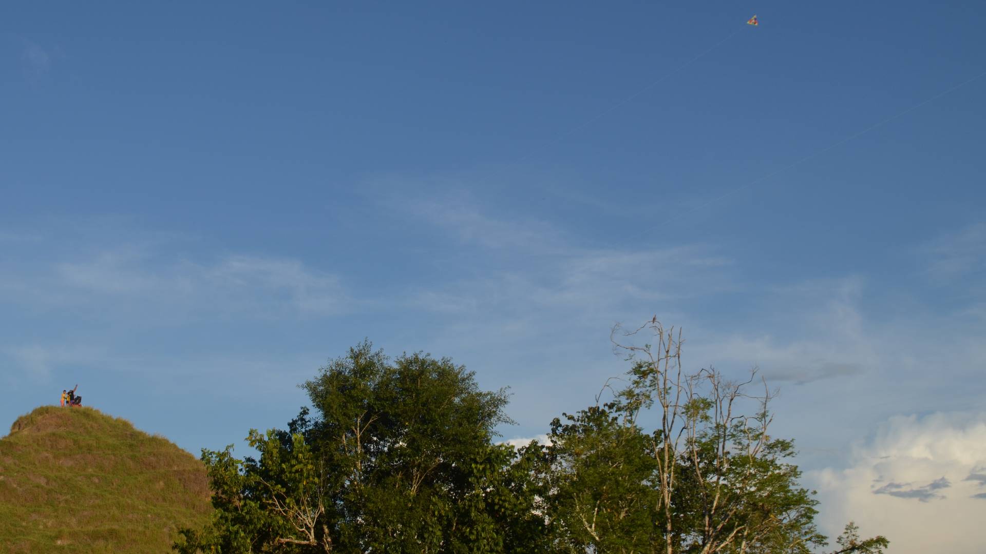 Two men flying kites on hill top