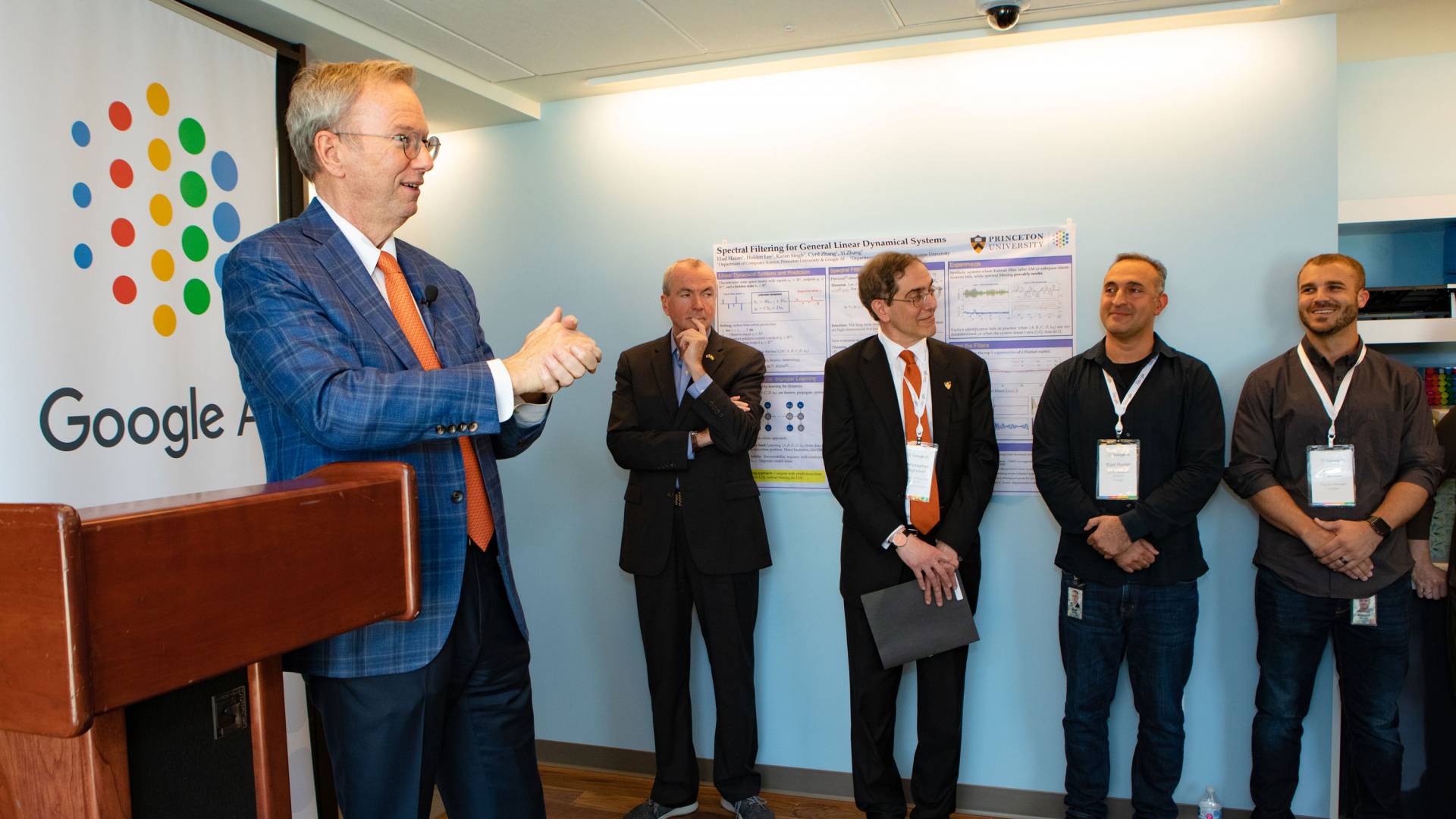 Eric Schmidt, Phil Murphy, President Chris Eisgruber, Professor Elad Hazan and Andrew Pierson