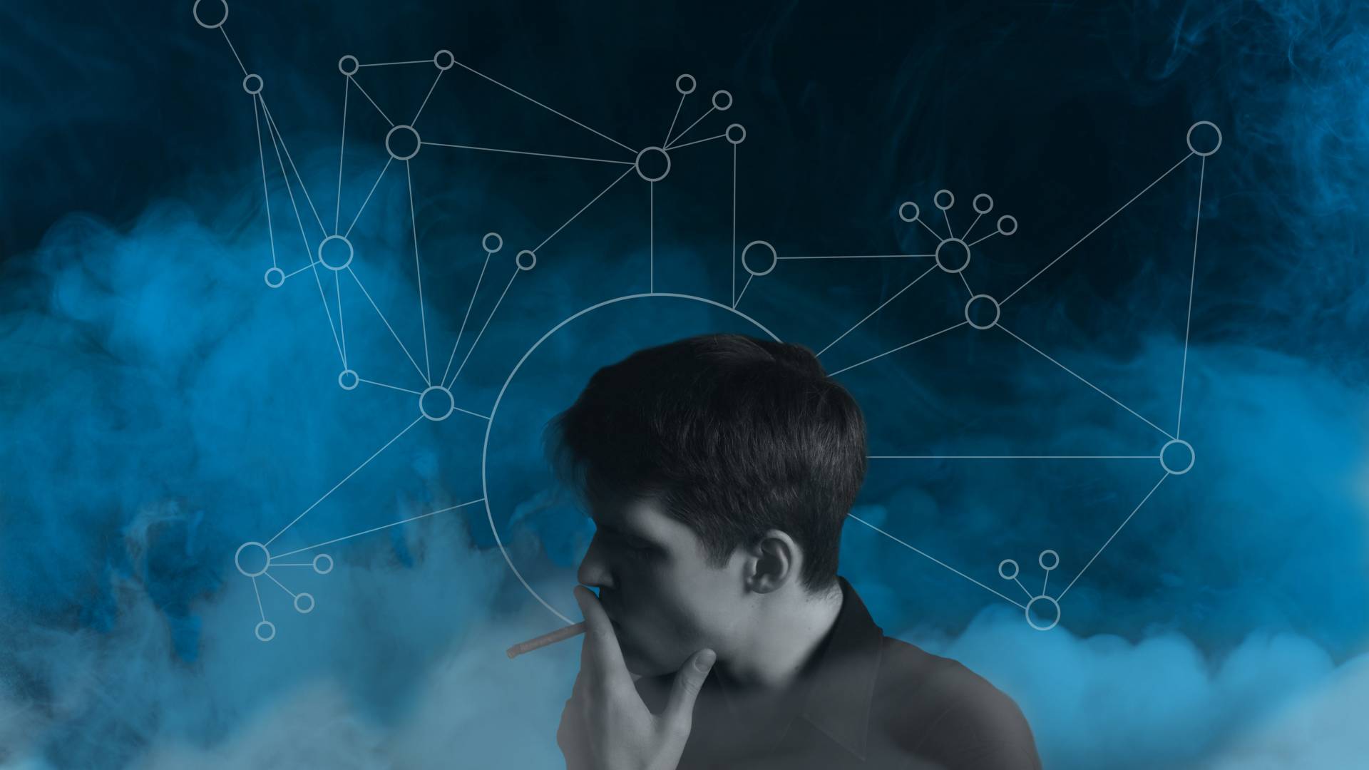 Young person smoking, connections scematic in the background