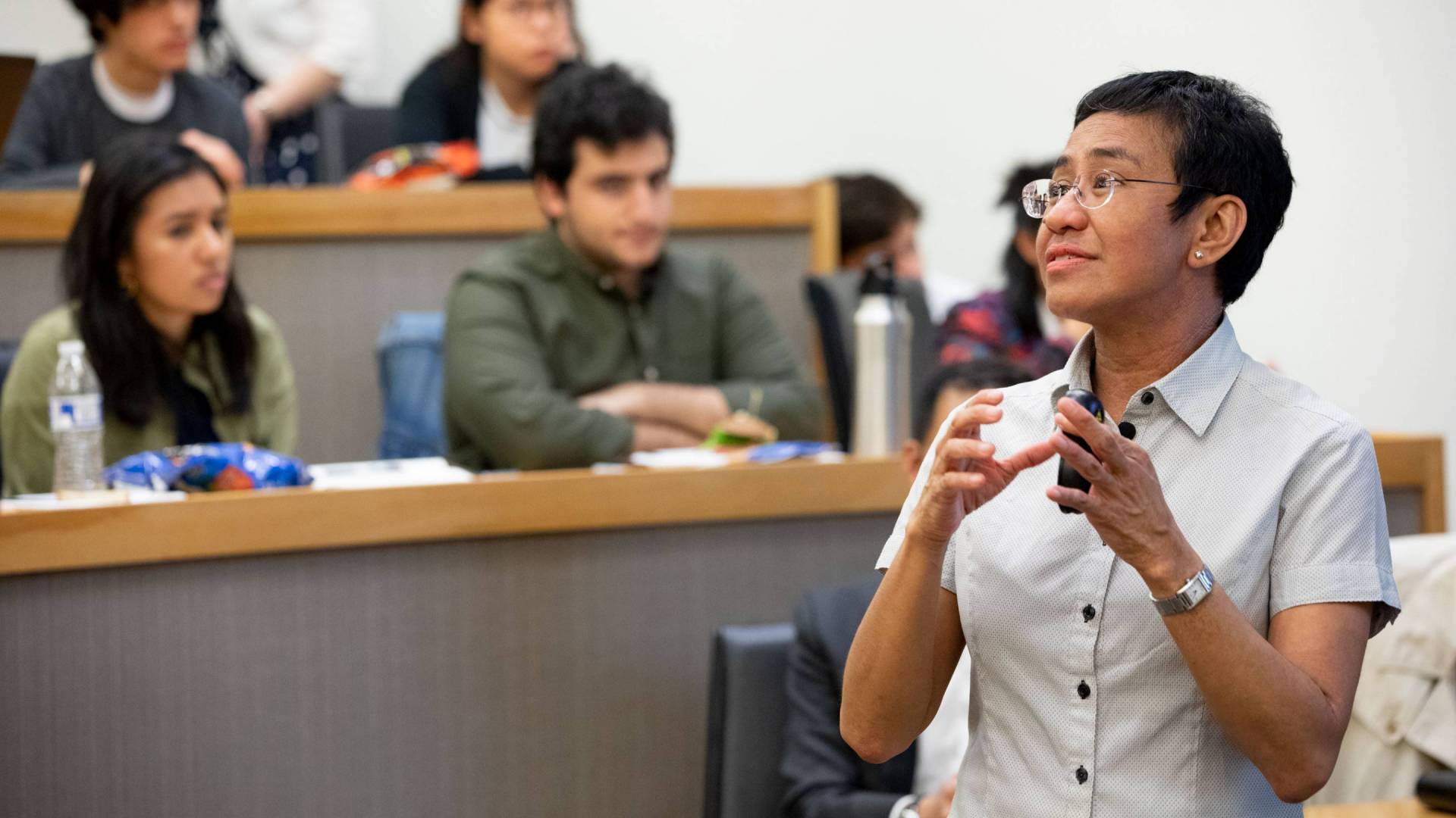 Maria Ressa speaking in a classroom