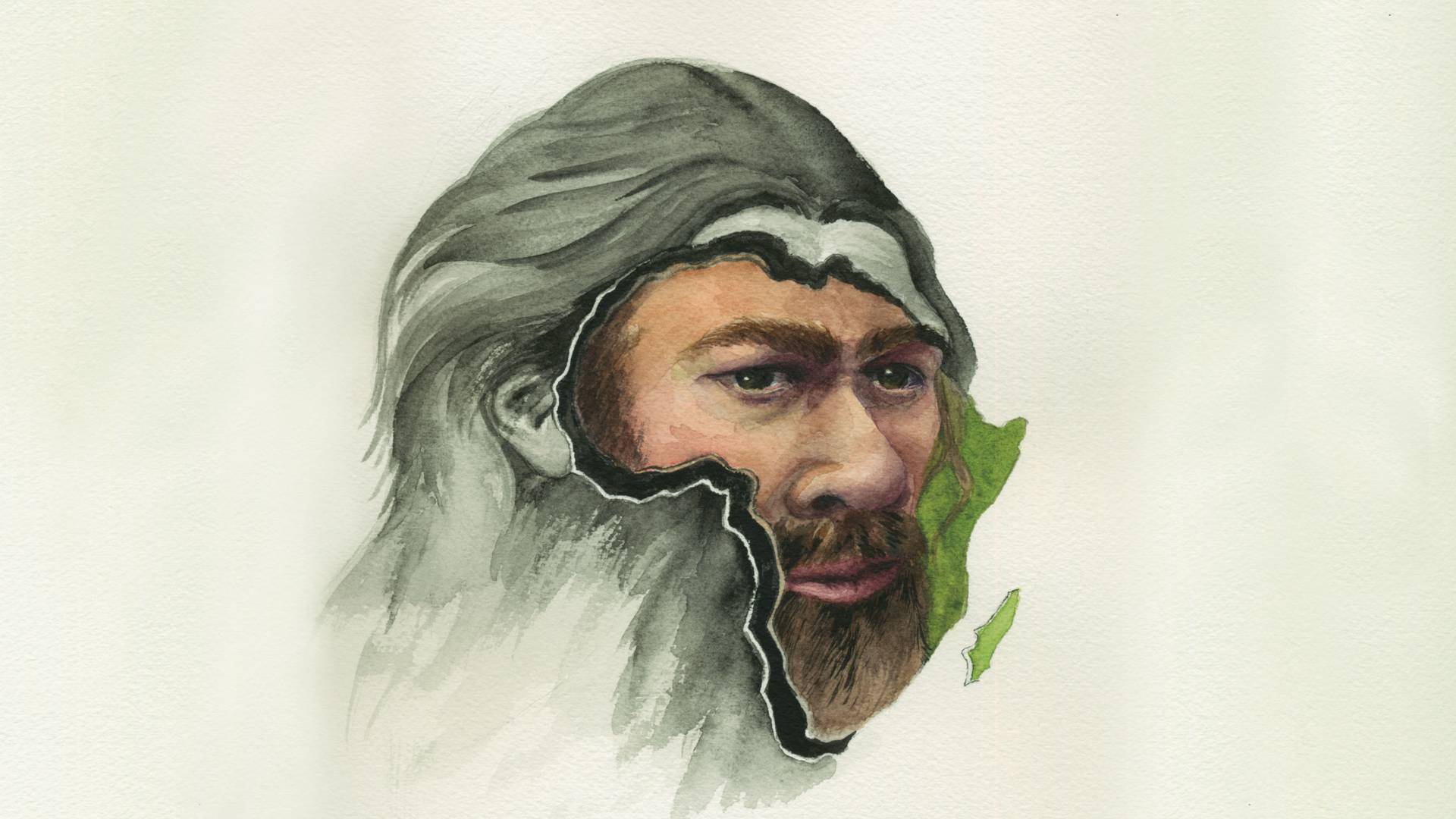 face of a neanderthal man in an outline of the African continent