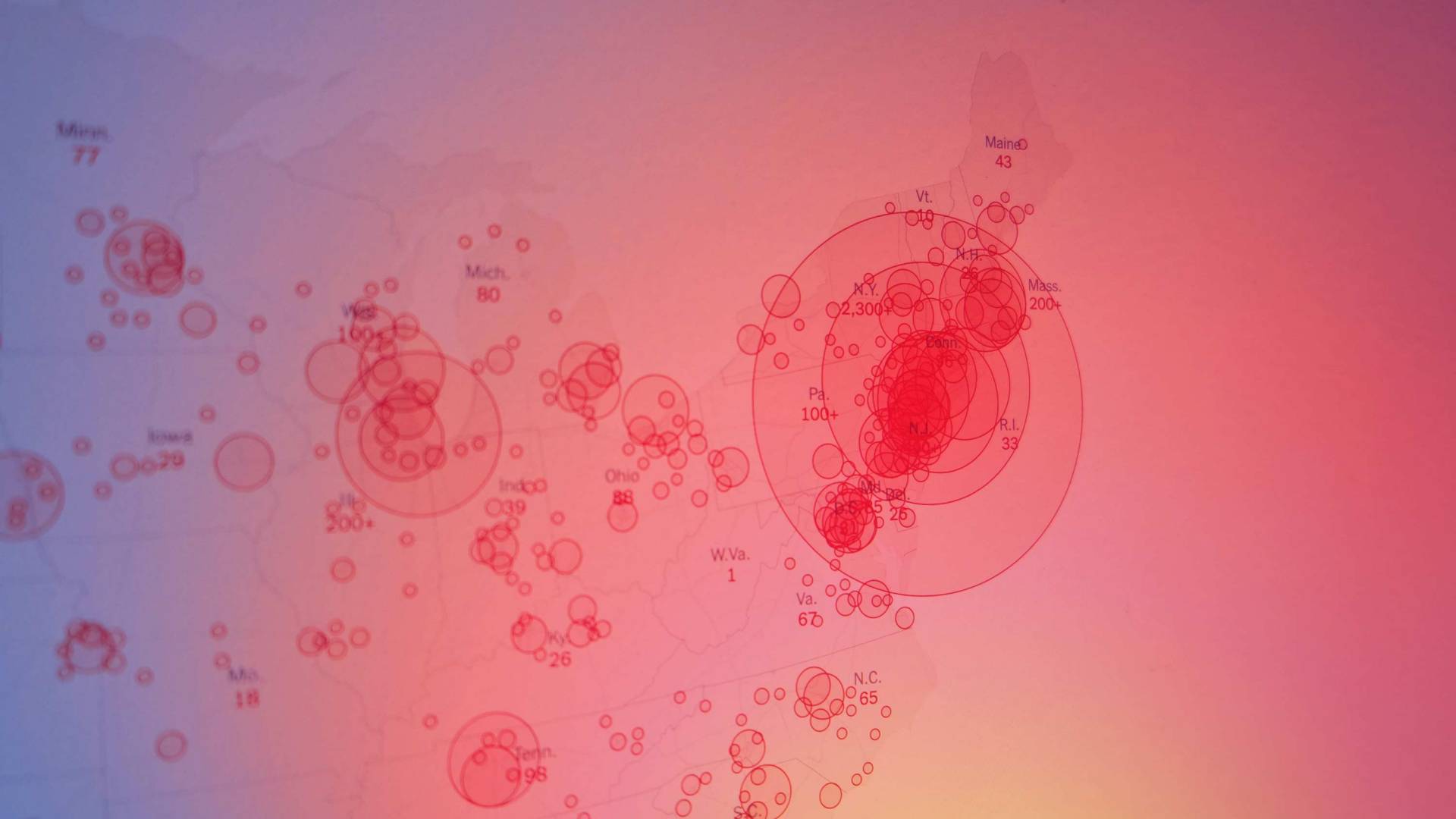 Red circles of varying sizes around different areas on a U.S. map