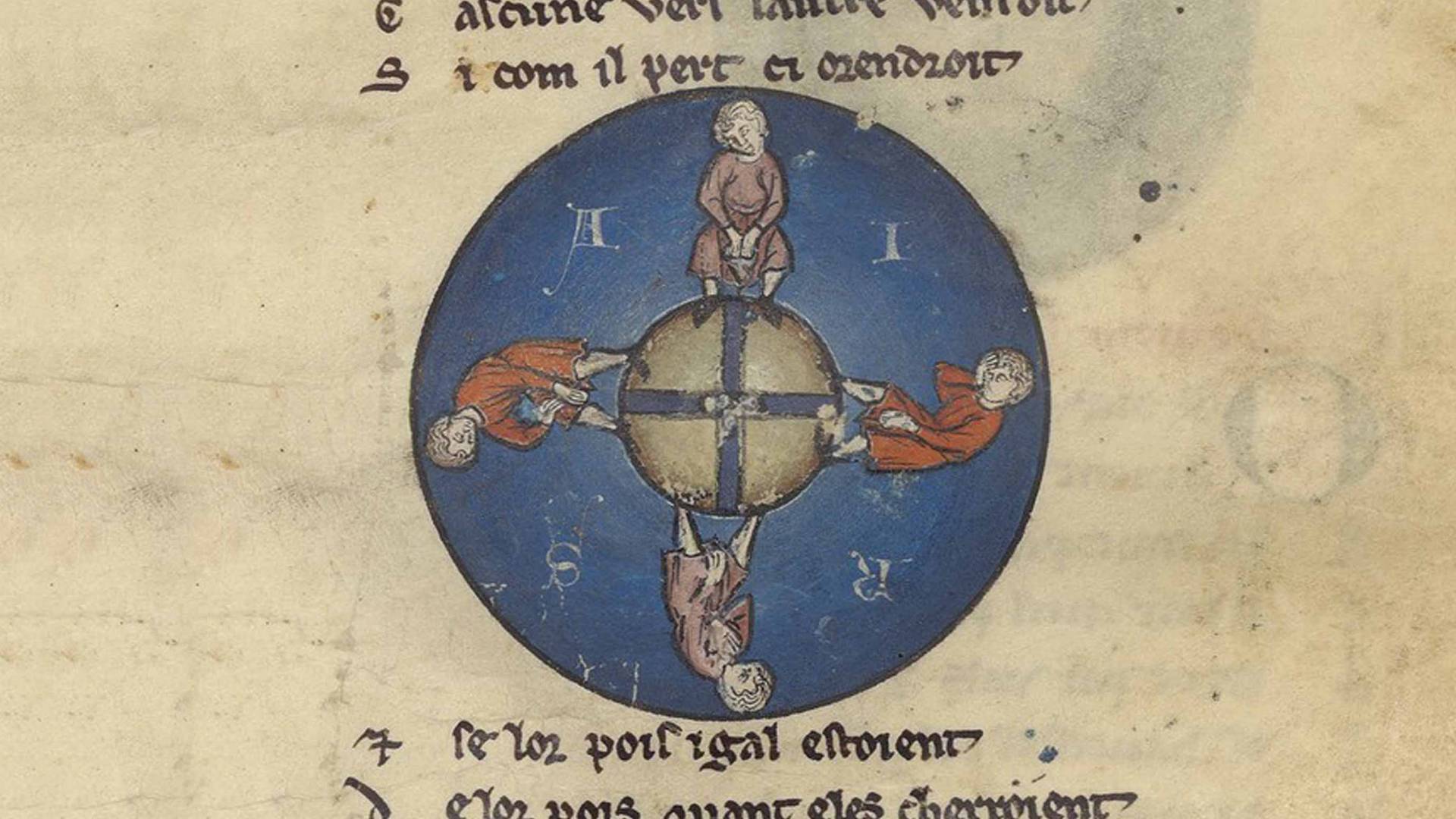 Detail of a Medieval illustrated manuscript; A dark blue background with four figures and an orb between them