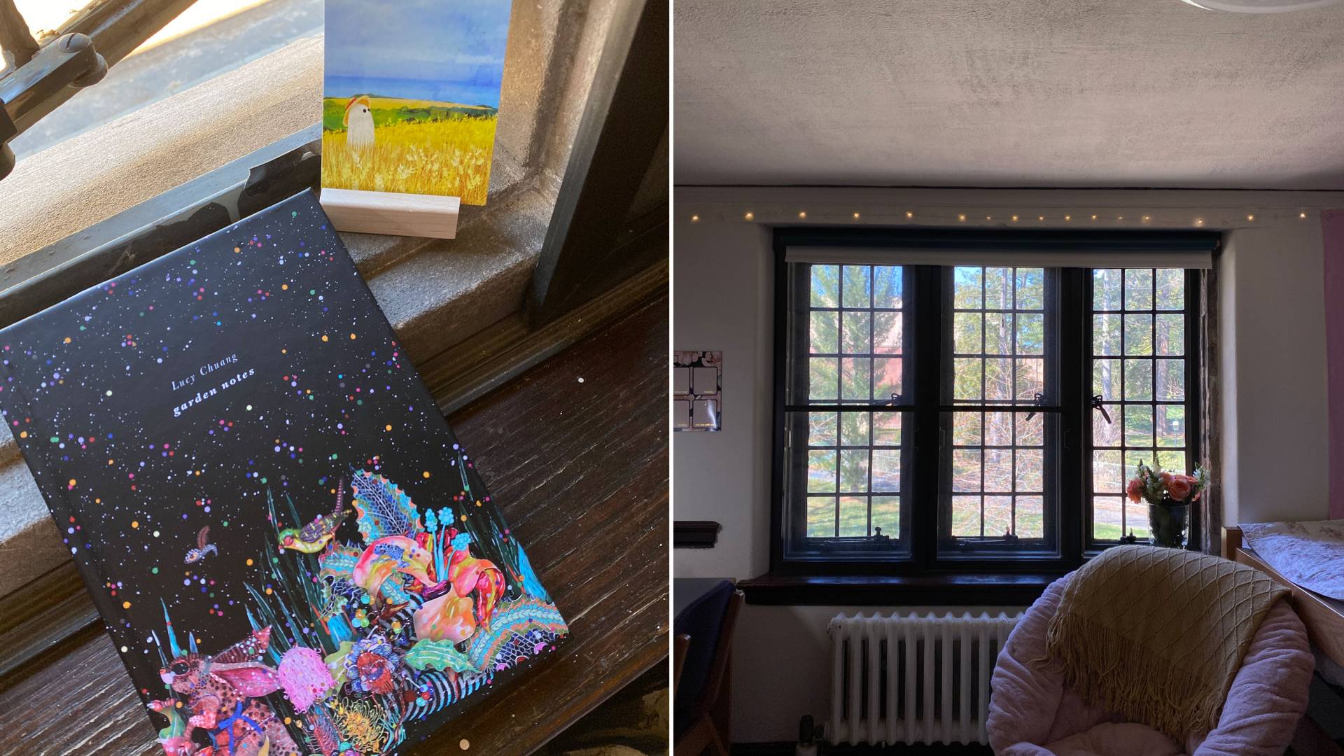 Still life of a small painting and Lucy's notebook on a windowsill. A chair next to a dorm window.