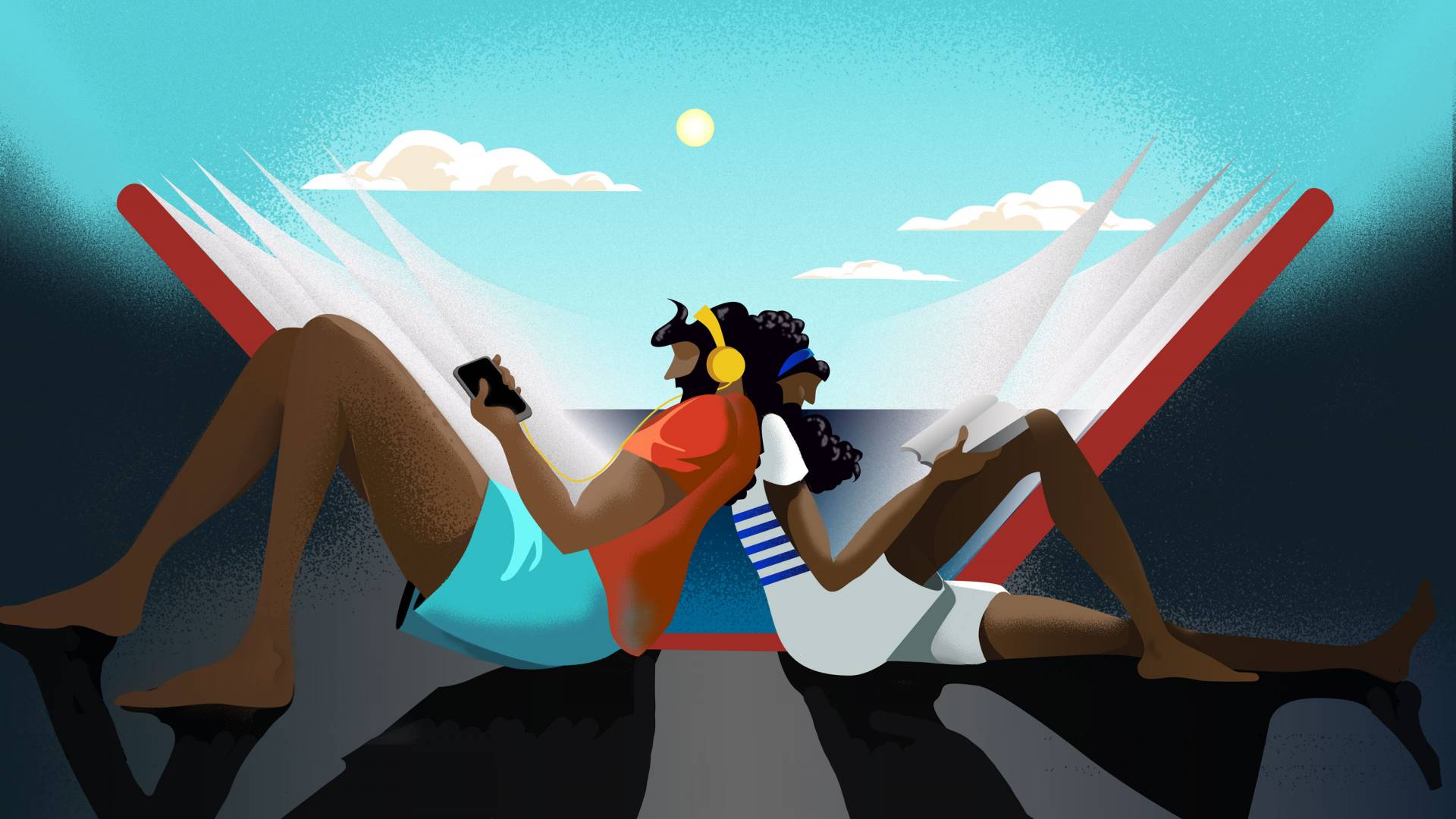 two people read back-to-back against a summer landscape