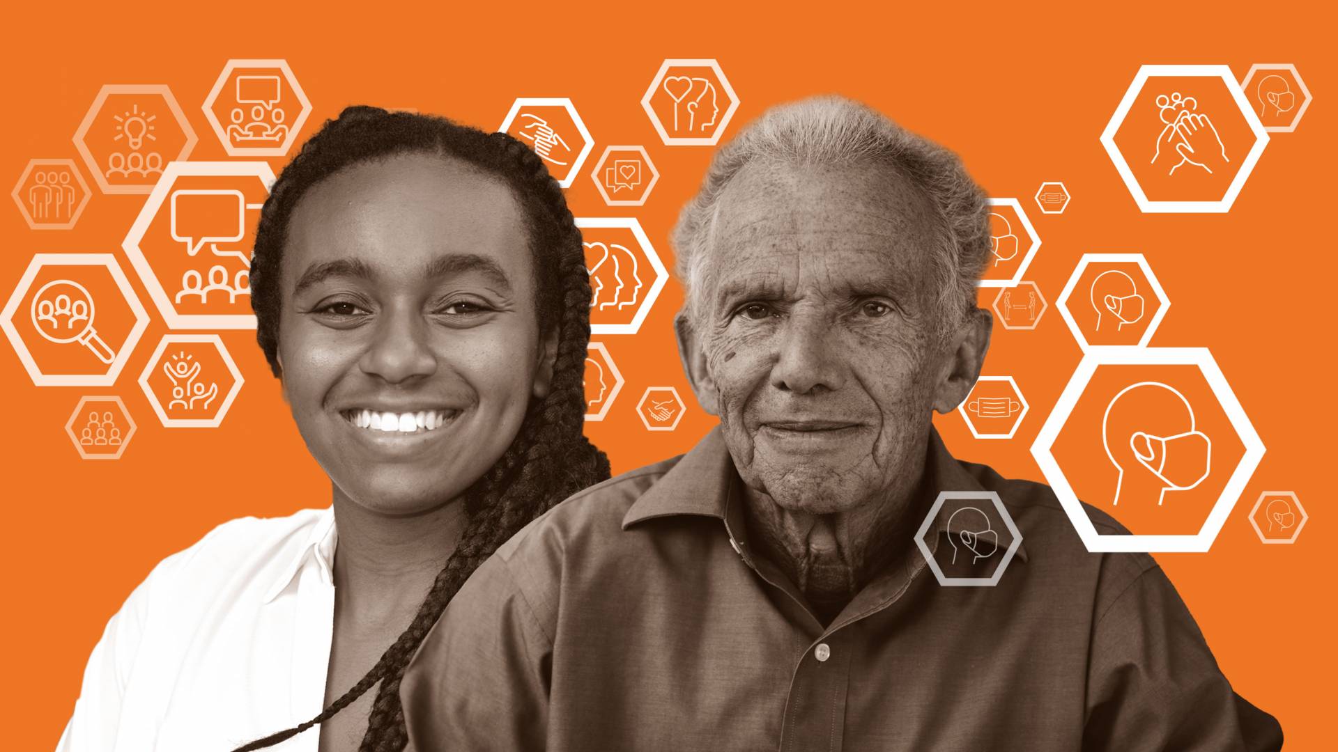 Logan Pirece and Joel Cooper surrounded by advocacy, mindfulness, and masking icons