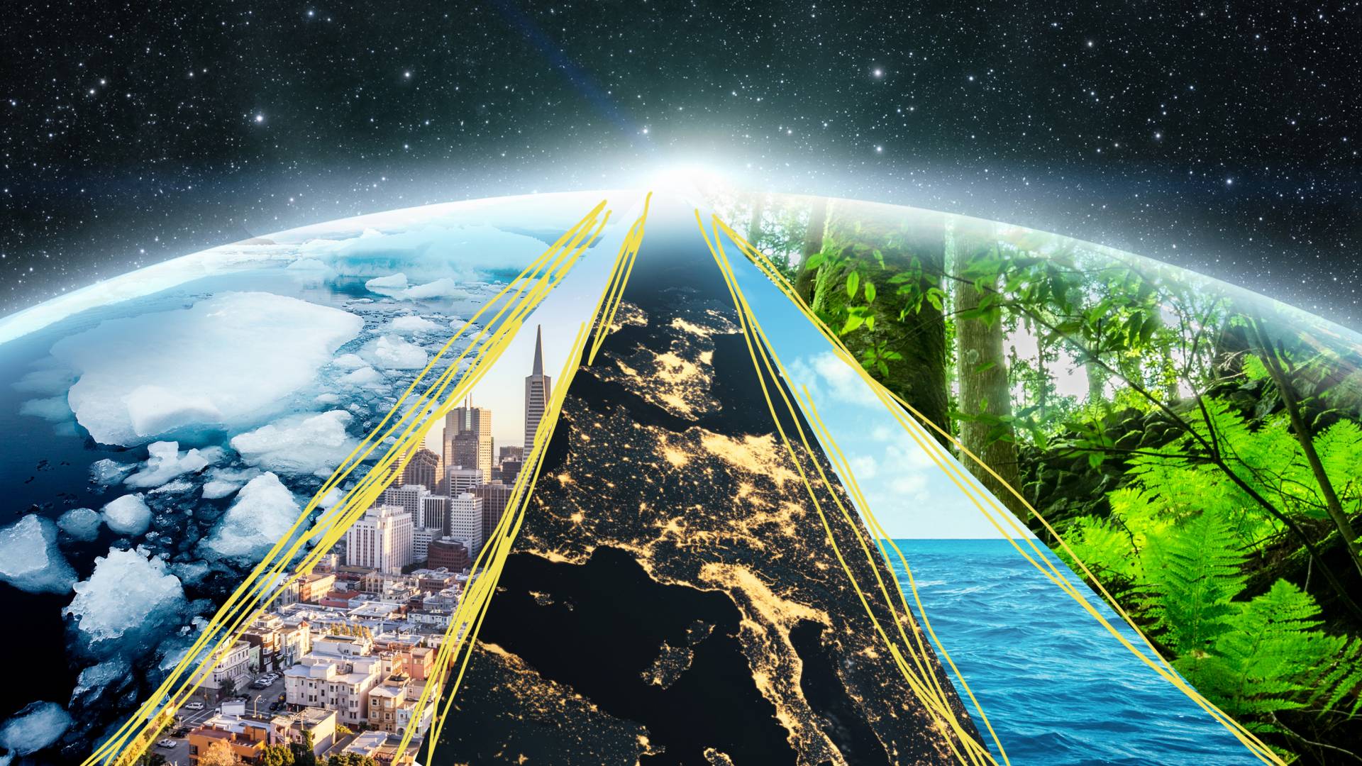 Composite of a forest, the UK in lights, a cityscape, and icebergs