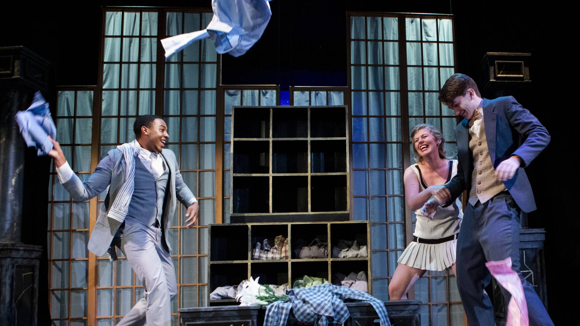 Xavier Jefferson (left) as Jay Gatsby, Allison Spann '20 as Daisy Fay Buchanan and Jay White '24 as Nick Carraway.