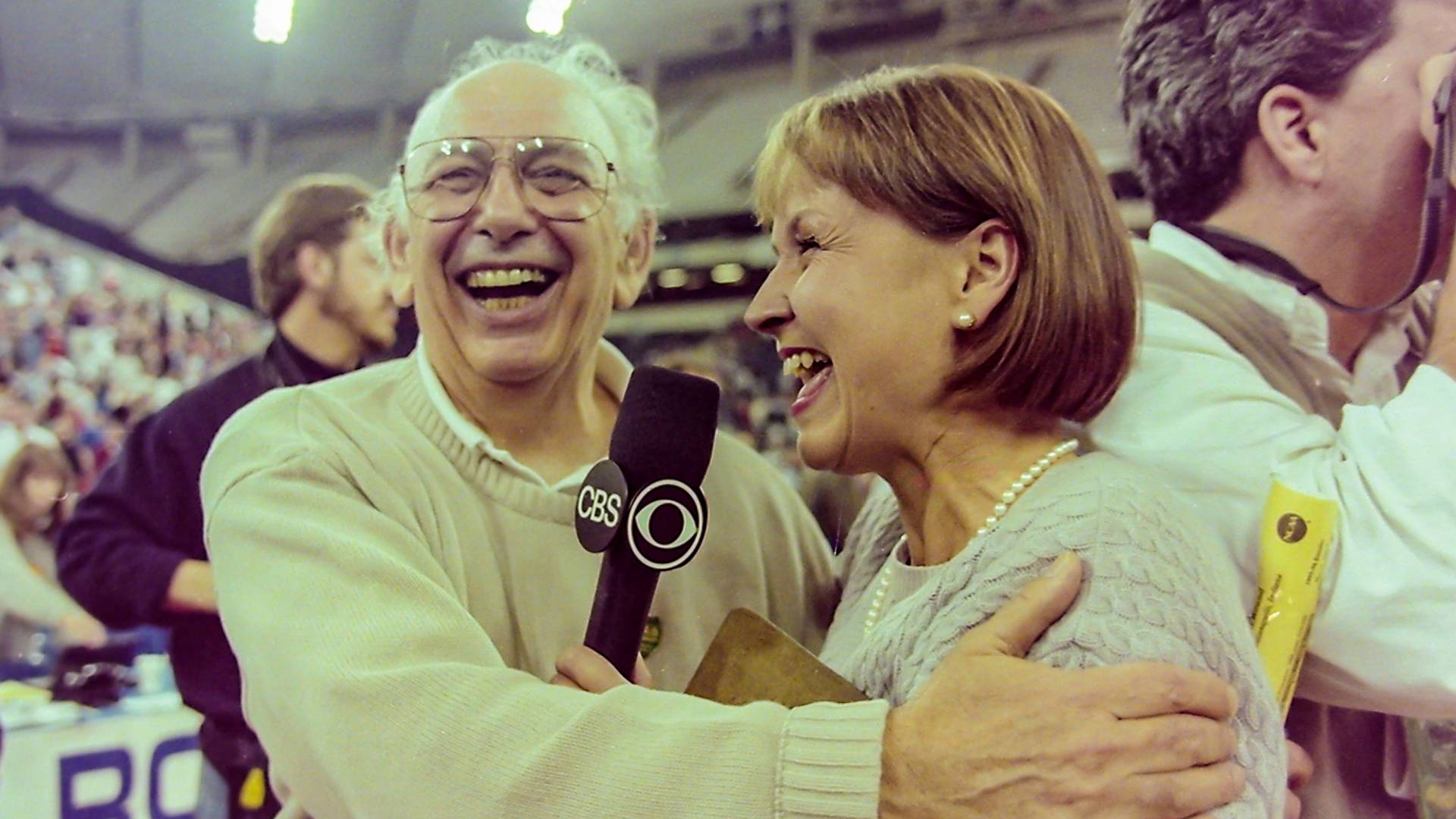 A joyful Pete Carril is interviewed by Andrea Joyce of CBS News
