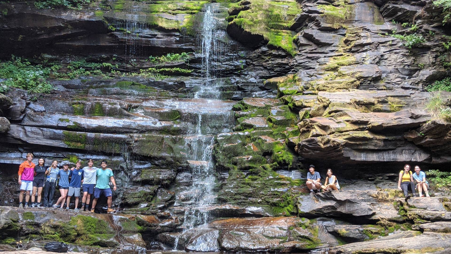 Students at a waterfall