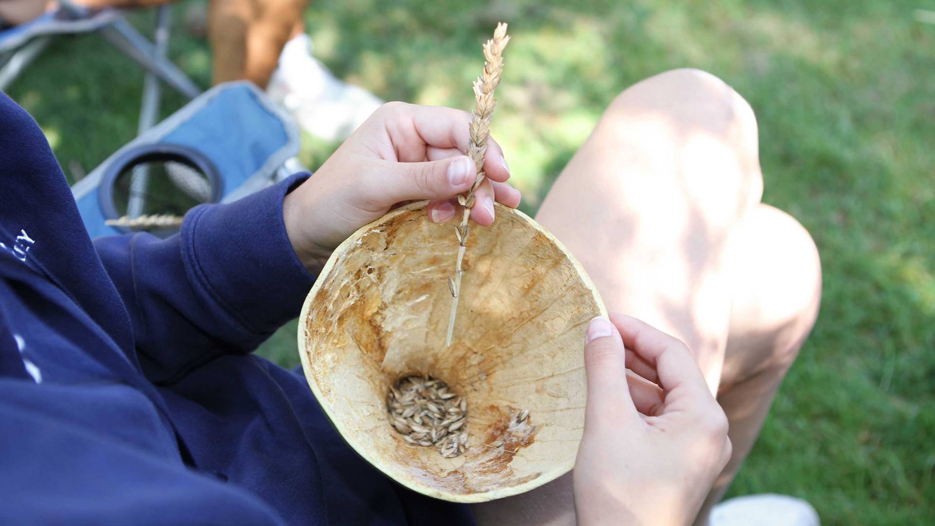A student holds a cone of seeds