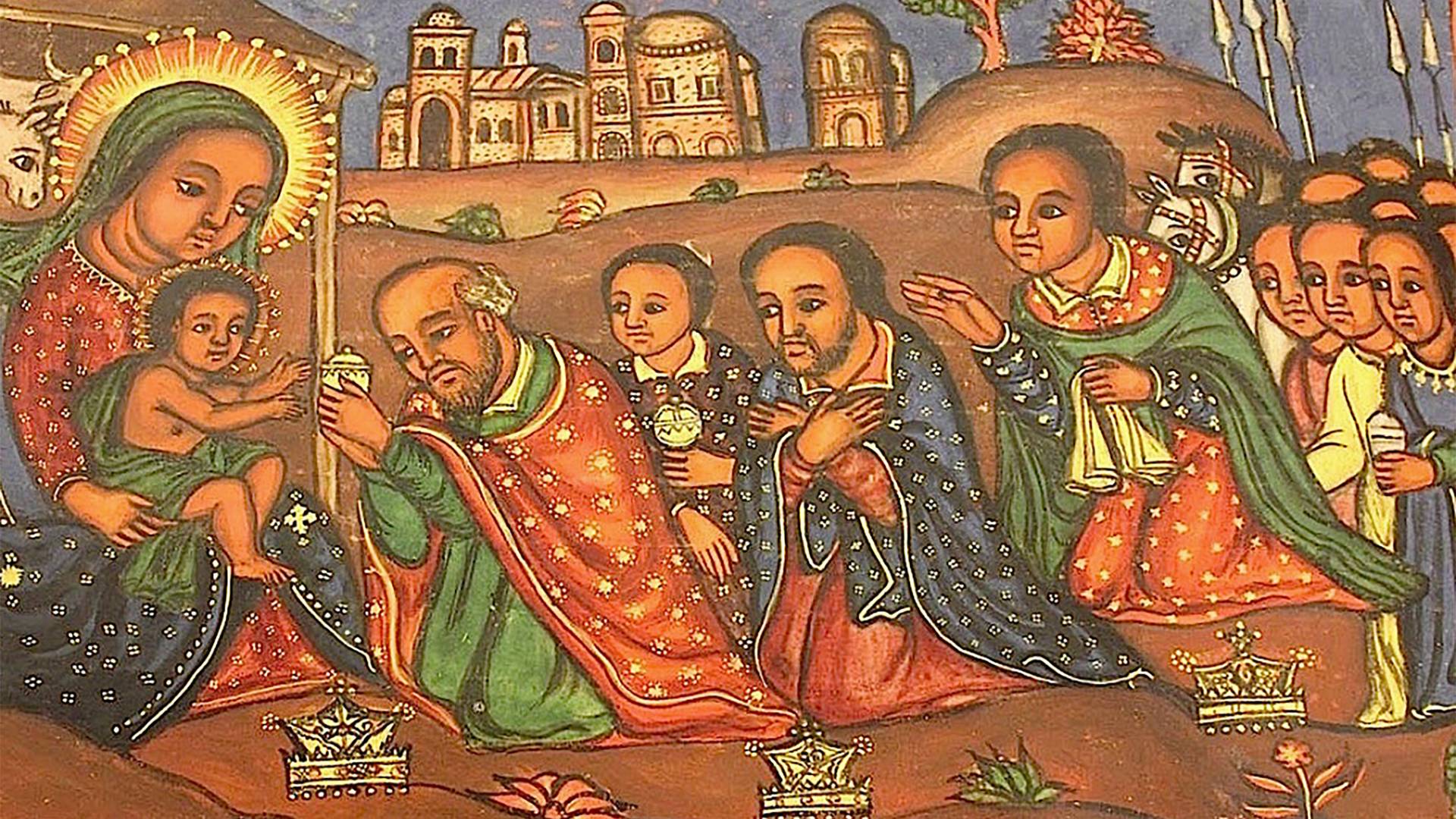 Painting of nativity scene with Three Wise Men or Magi, as described in The Gospel according to St. Matthew