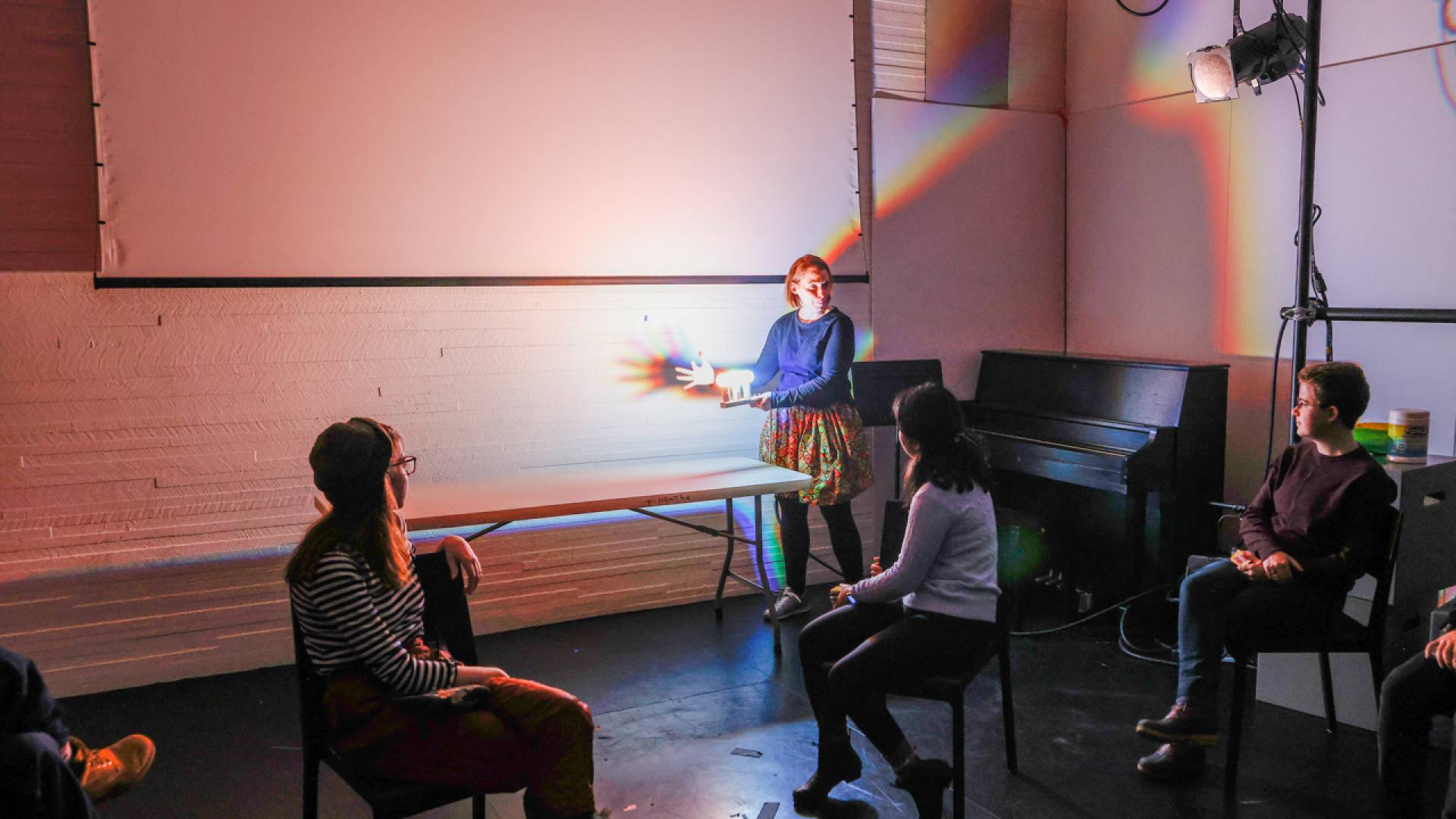Lighting designer Tess James, a lecturer in theater and the Lewis Center for the Arts, leads the Wintersession workshop "Color and Light."&nbsp;The hands-on class explored how color and light shape our perspectives on the world.