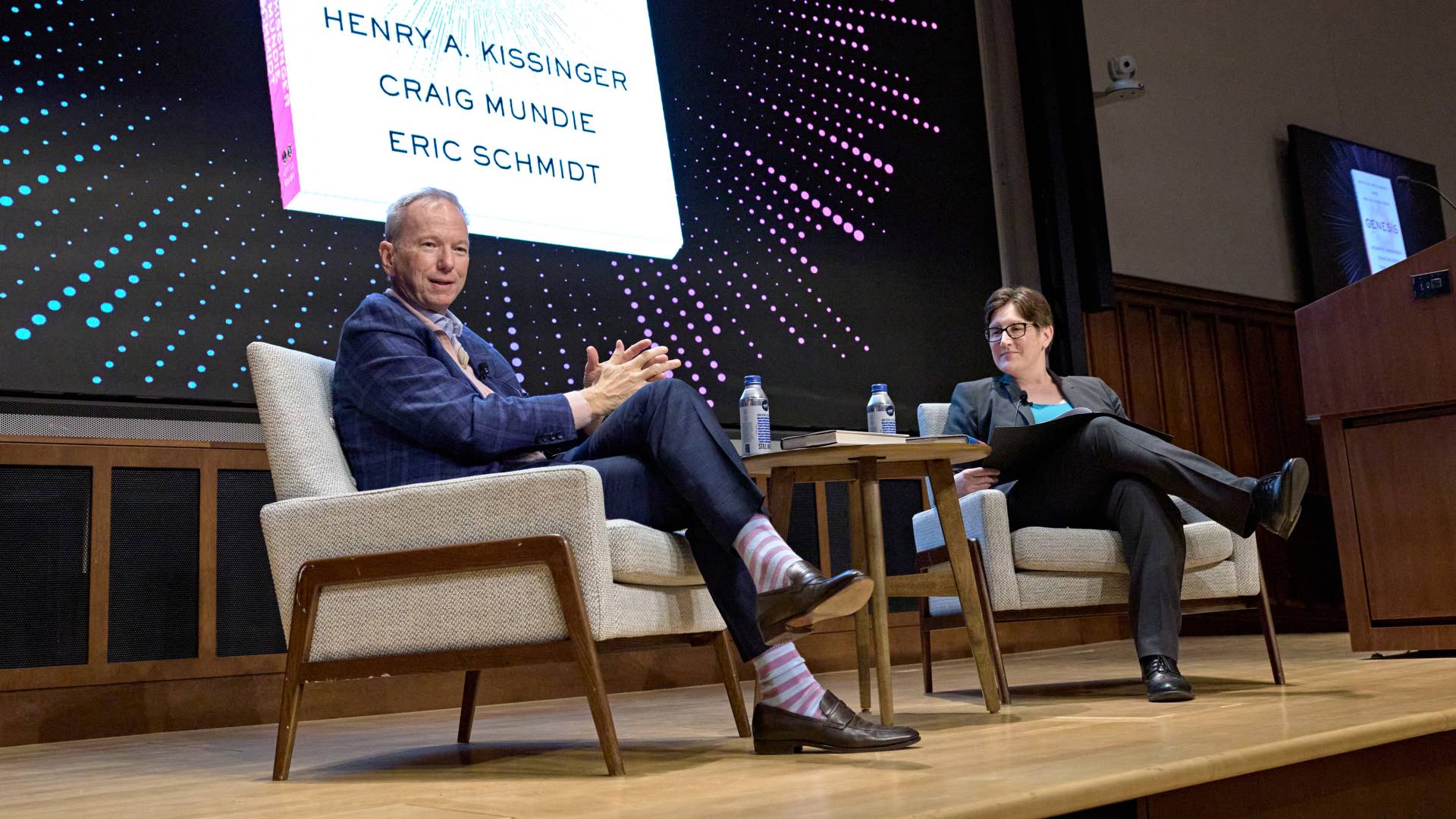 Eric Schmidt and Jen Rexford on stage during a book event