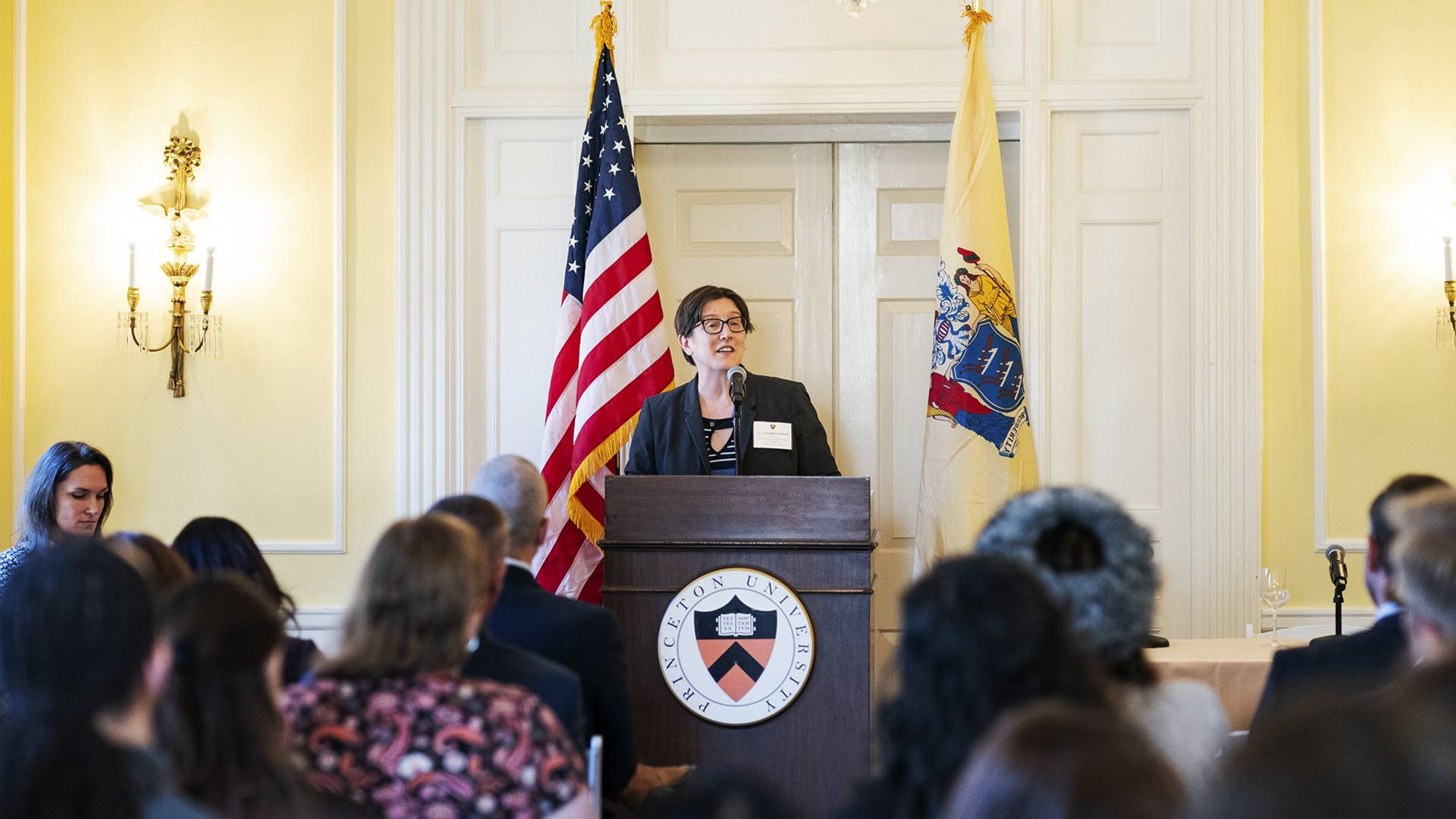 Provost Jennifer Rexford speaking at podium