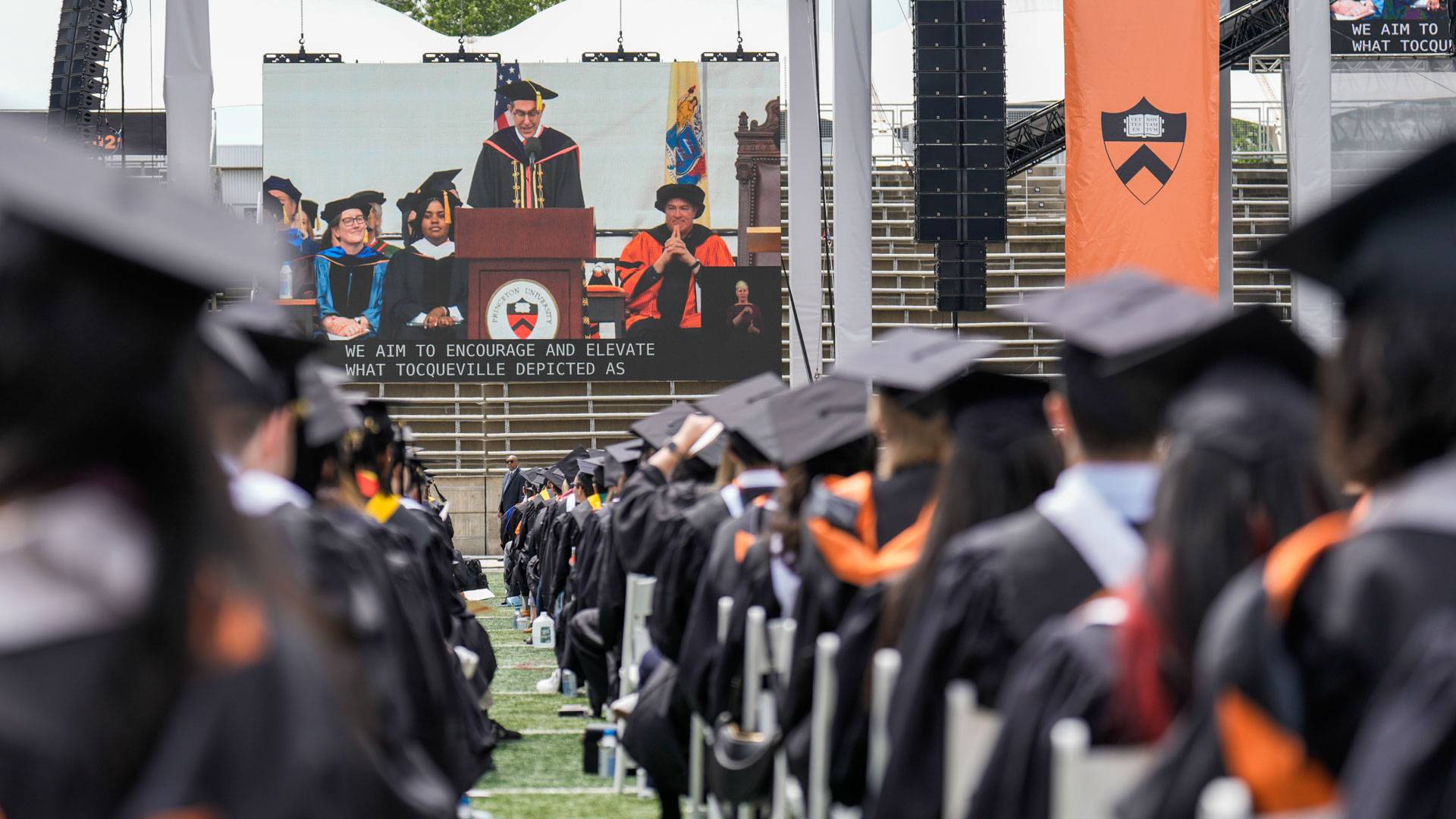 Princeton graduates listen to President Christopher L. Eisgruber’s address during the May 27 Commencement ceremony.