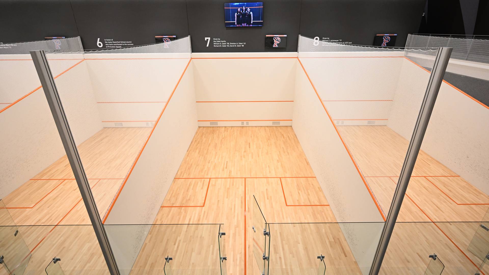 Squash courts at the new Racquet and Recreation Fieldhouse, seen from above.