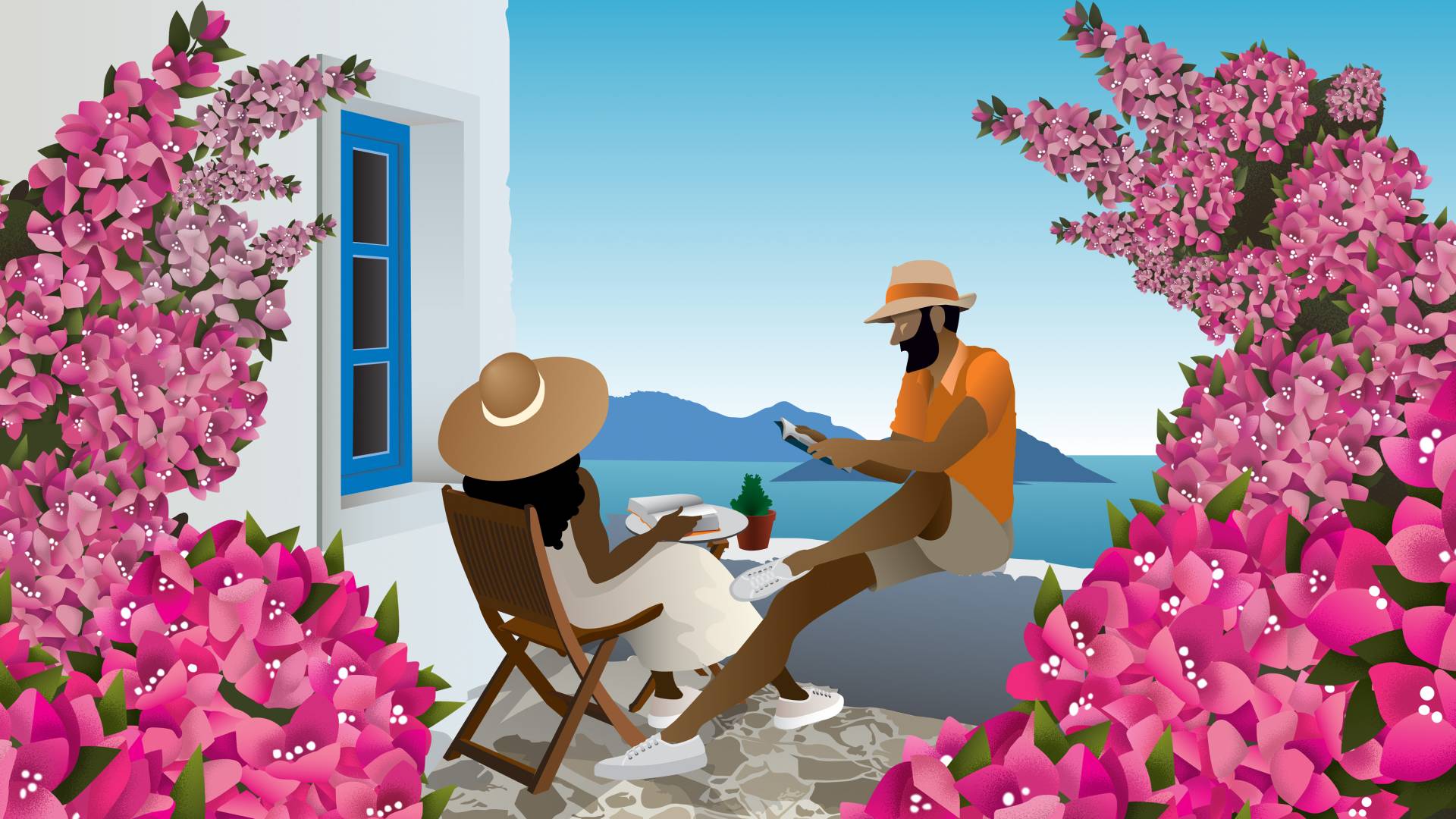 A couple read on a balcony in Greece surrounded by bouganvillea
