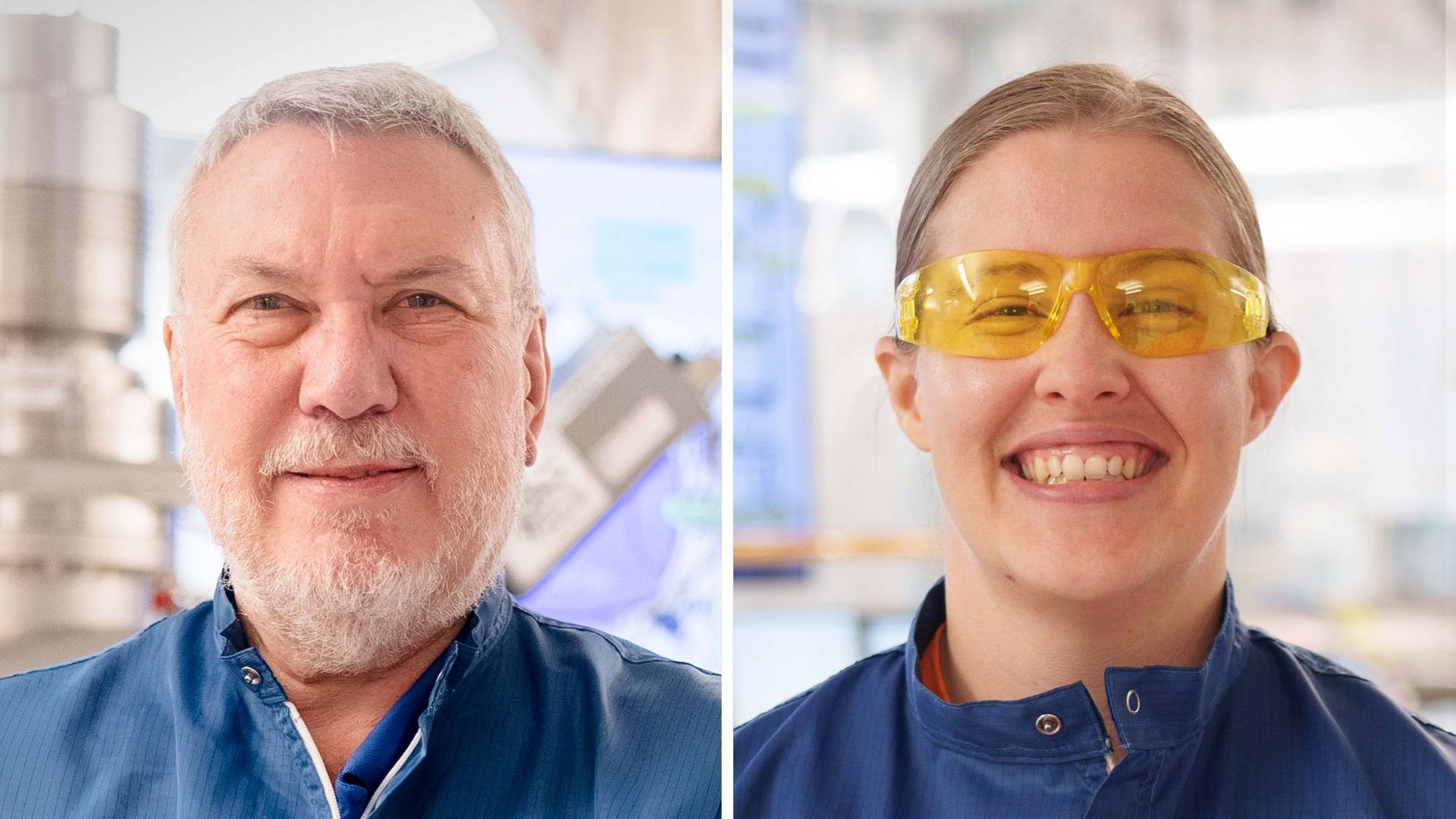 A man and a woman smile in protective equipment.