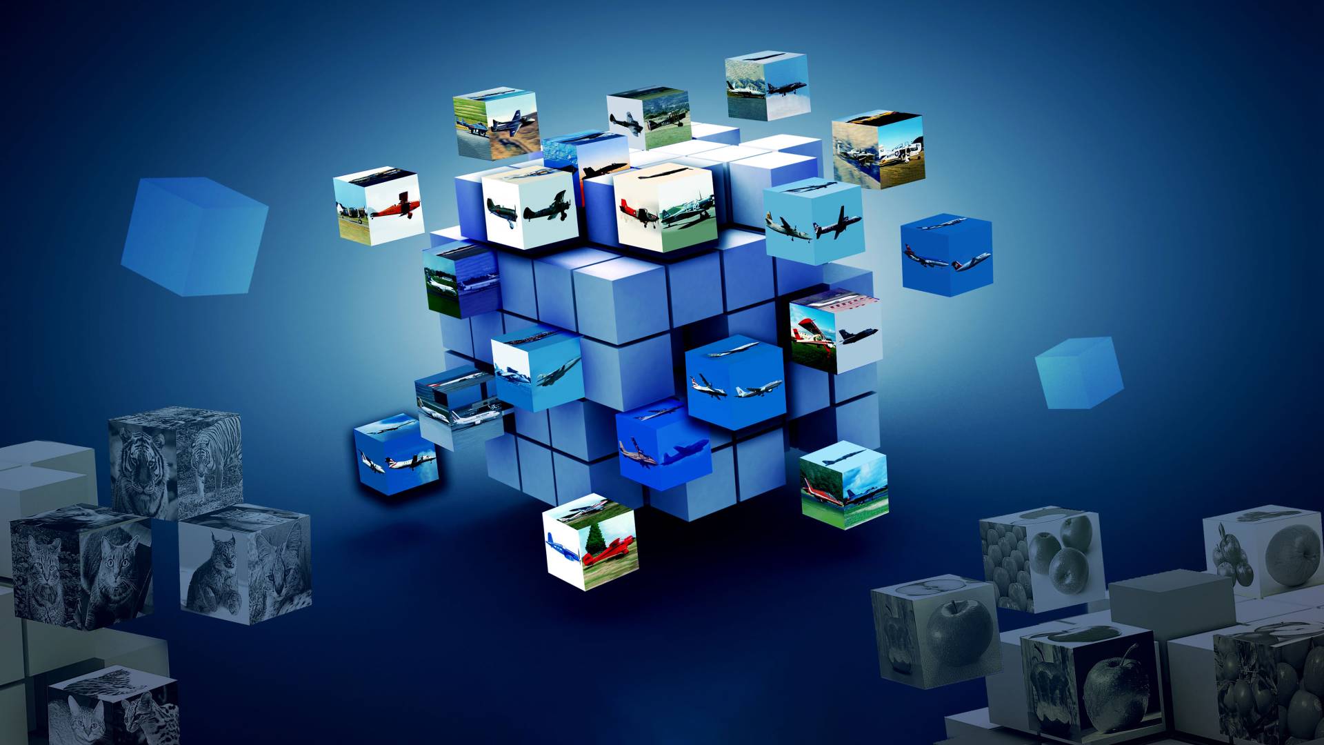 Illustrated cubes showing varied images of airplanes are pieced together to solve a puzzle