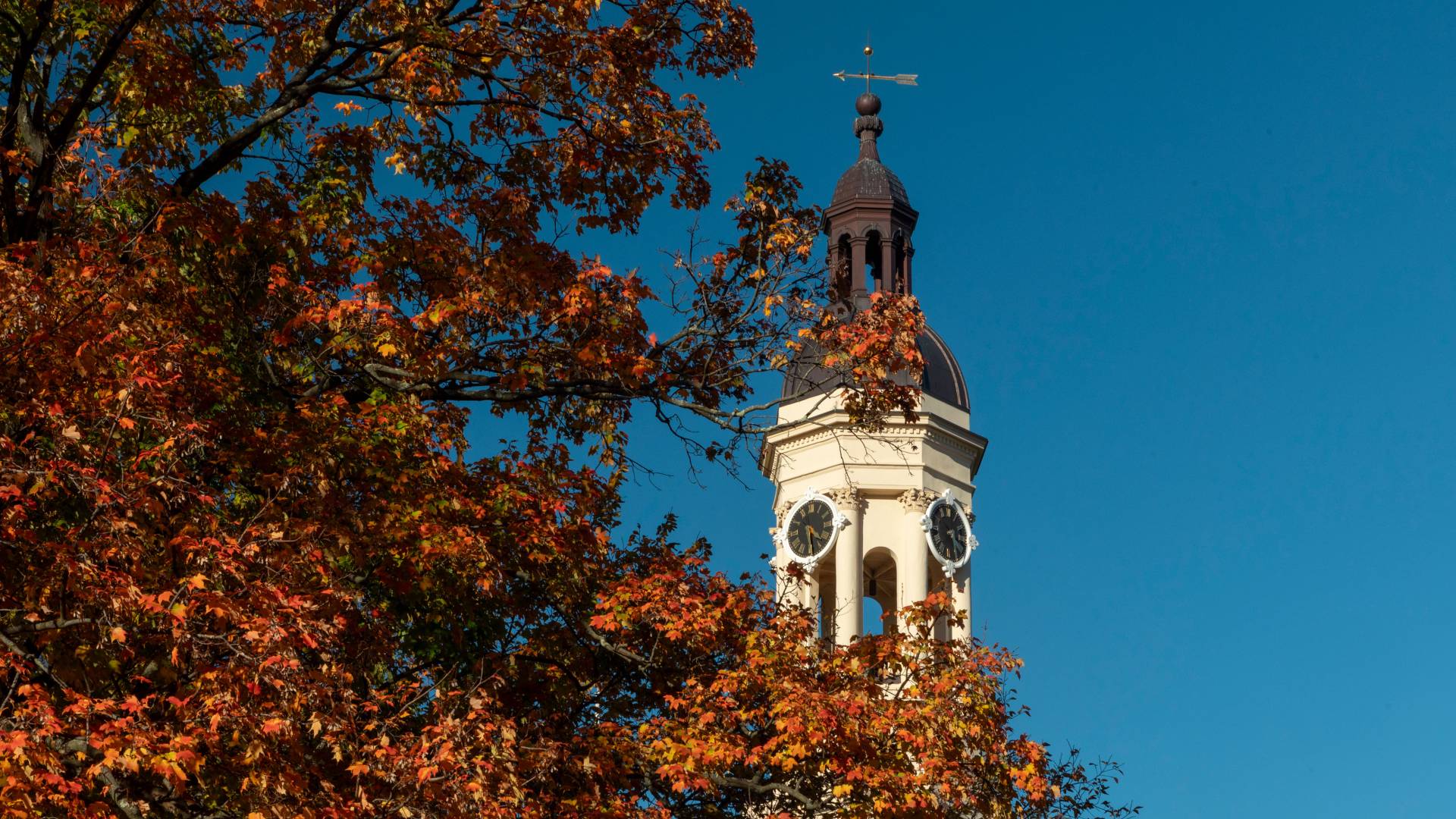 Autumn leaves in front of the cupola of Nassau Hall