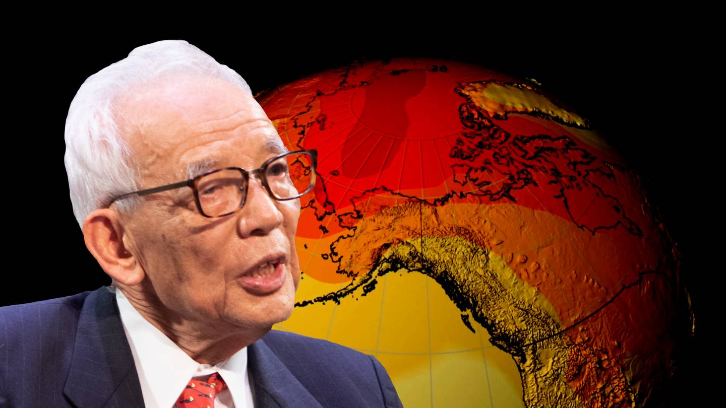 Dr. Manabe in front of a visualization of his climate model