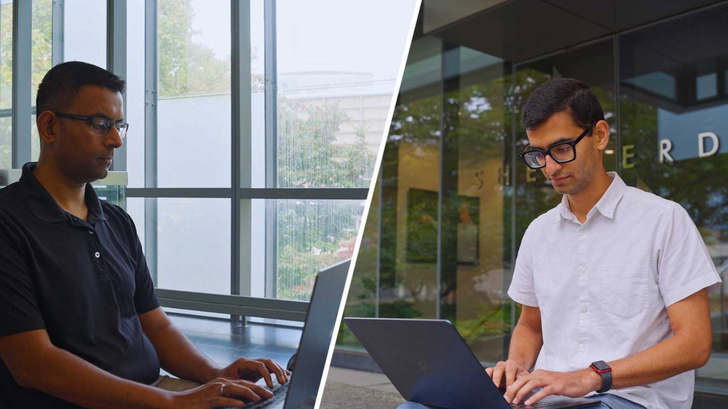 Narayanan and Kapoor typing on laptops on campus