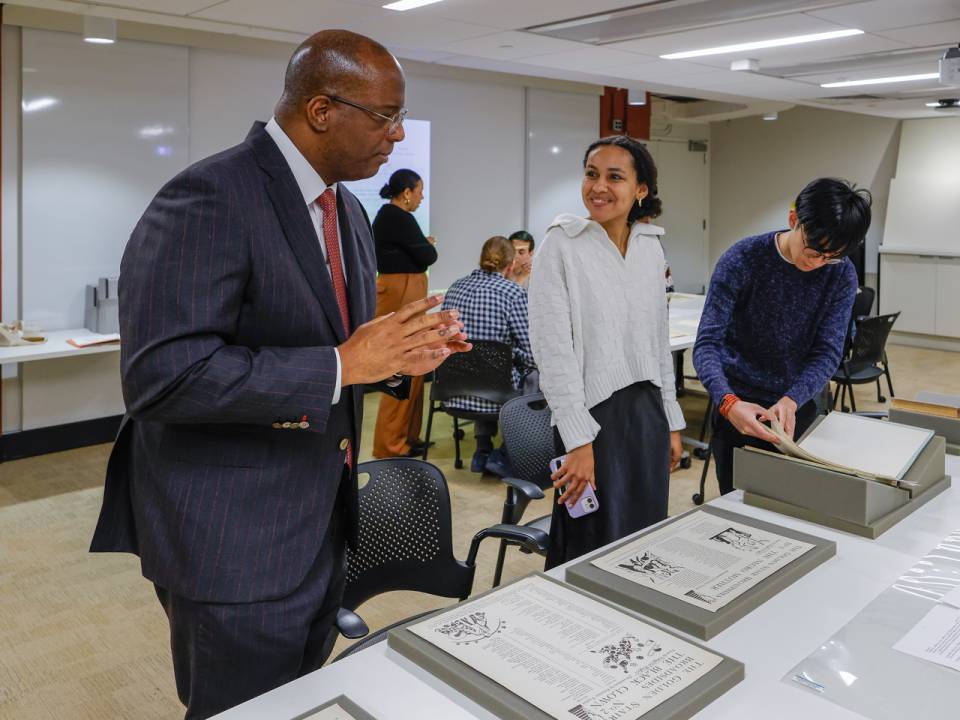 Dean of the Faculty Gene Jarrett (left), the&nbsp;William S. Tod Professor of English, works with undergraduate and graduate students to analyze some of the Black and African American literary artifacts housed at Princeton University Library's Department of Special Collections.