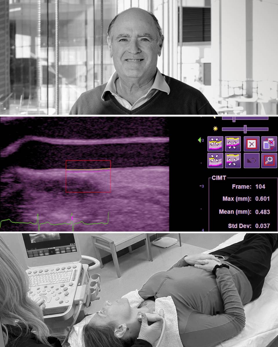Three stacked photos show Daniel Notterman, a carotid artery measurement, and a woman preparing for a scan