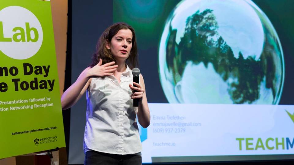 eLab Demo Day "eLab Demo Day Here Today" sign and TeachMe speaker