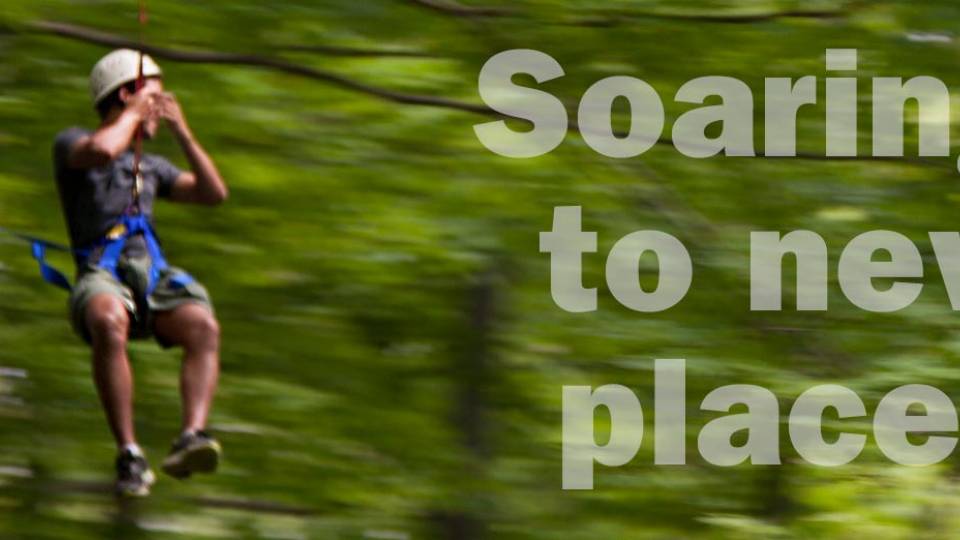 Back to school Outdoor Action students at Blairstown Center Gustavo Mezquita of Venezuela zip lines "Soaring to new places" 