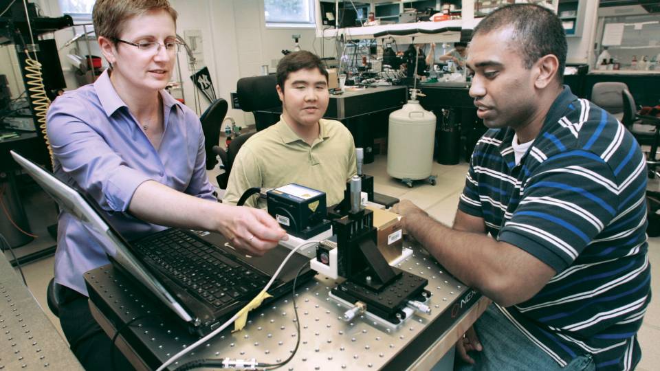 Professor Claire Gmachl with graduate students Sabbir Liakat and Kevin Bors