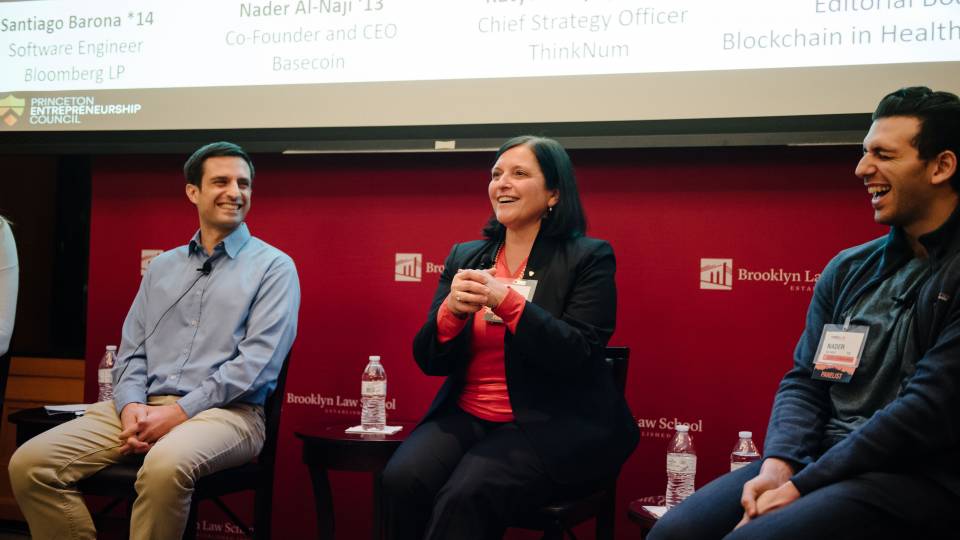 From Left: 2014 graduate alumnus Santiago Barona; Florence Hudson, Class of 1980; and Nader Al-Naji, Class of 2013
