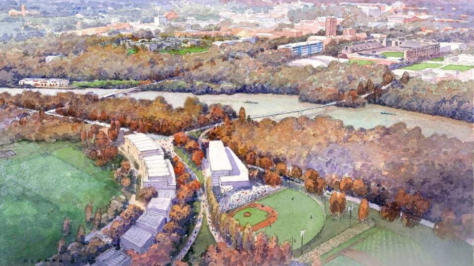 Watercolor of aerial view of land south of Lake Carnegie