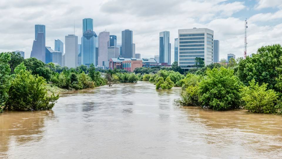 Flooding from Hurrican Harvey with buildings of Houston in the background
