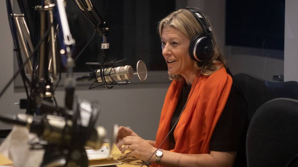 Laura Trevelyen recording podcast