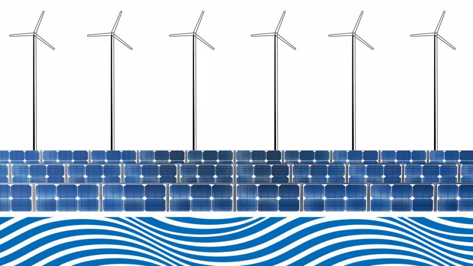 Wind turbines, solar panels and waves