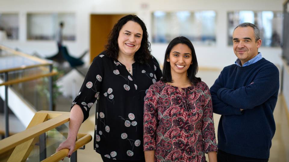 Rebecca Burdine, Aleena Patel, and Stanislav Shvartsman in a laboratory