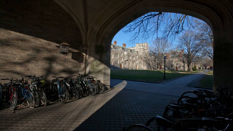 Sunlight falls on bicycles in an archway