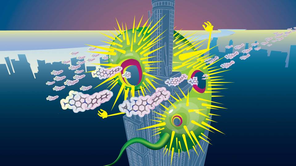 An illustration of a monstrous bacteria being punctured by molecular components of a new antibiotic