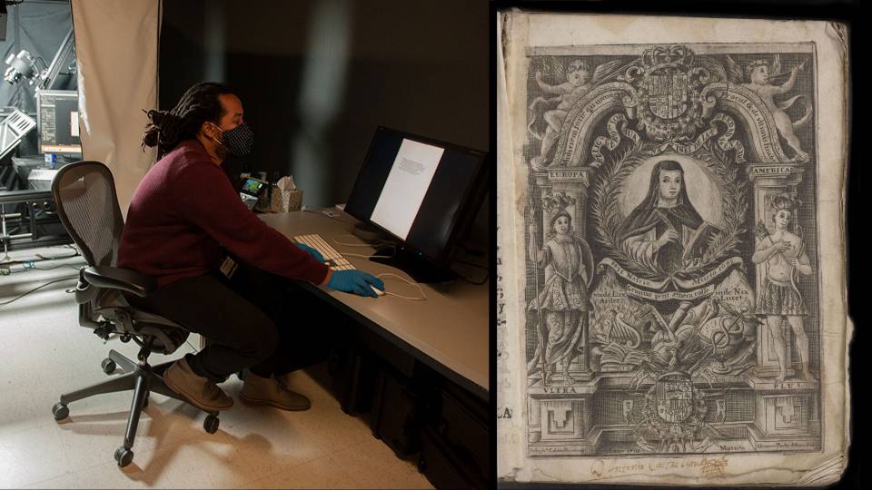 A library technician sits at a computer