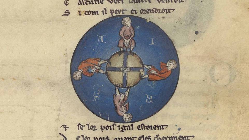 Detail of a Medieval illustrated manuscript; A dark blue background with four figures and an orb between them