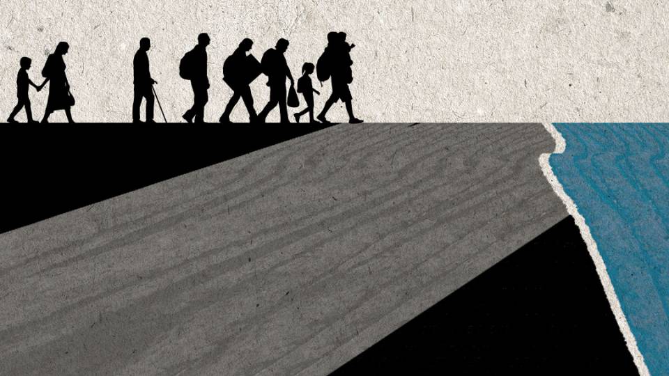 silhouettes of people walking across an abstract landscape