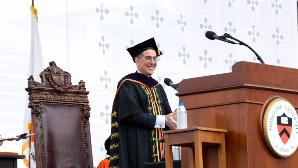 President Christopher L. Eisgruber speaks at the podium