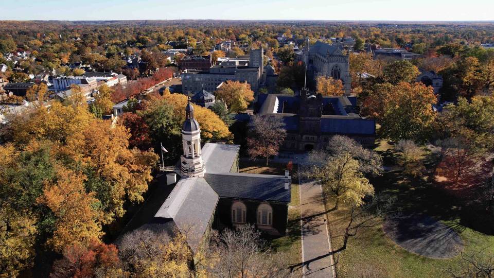 Birdview of the University with trees and various buildings