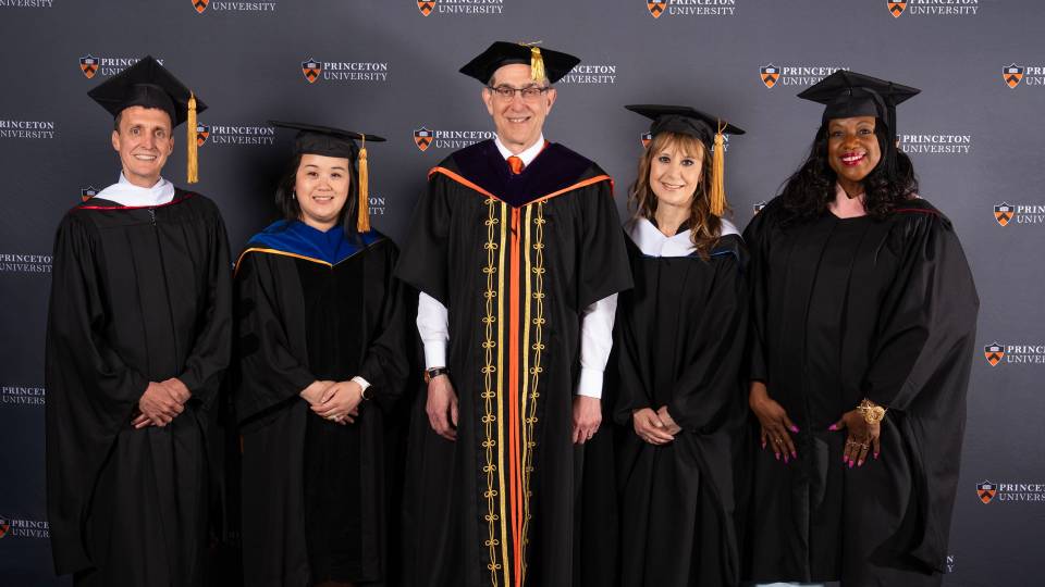 Theodore Opderbeck, An Nguyen, President Christopher L. Eisgruber, Laurianne Brunetti Kuipers and Davine Floy